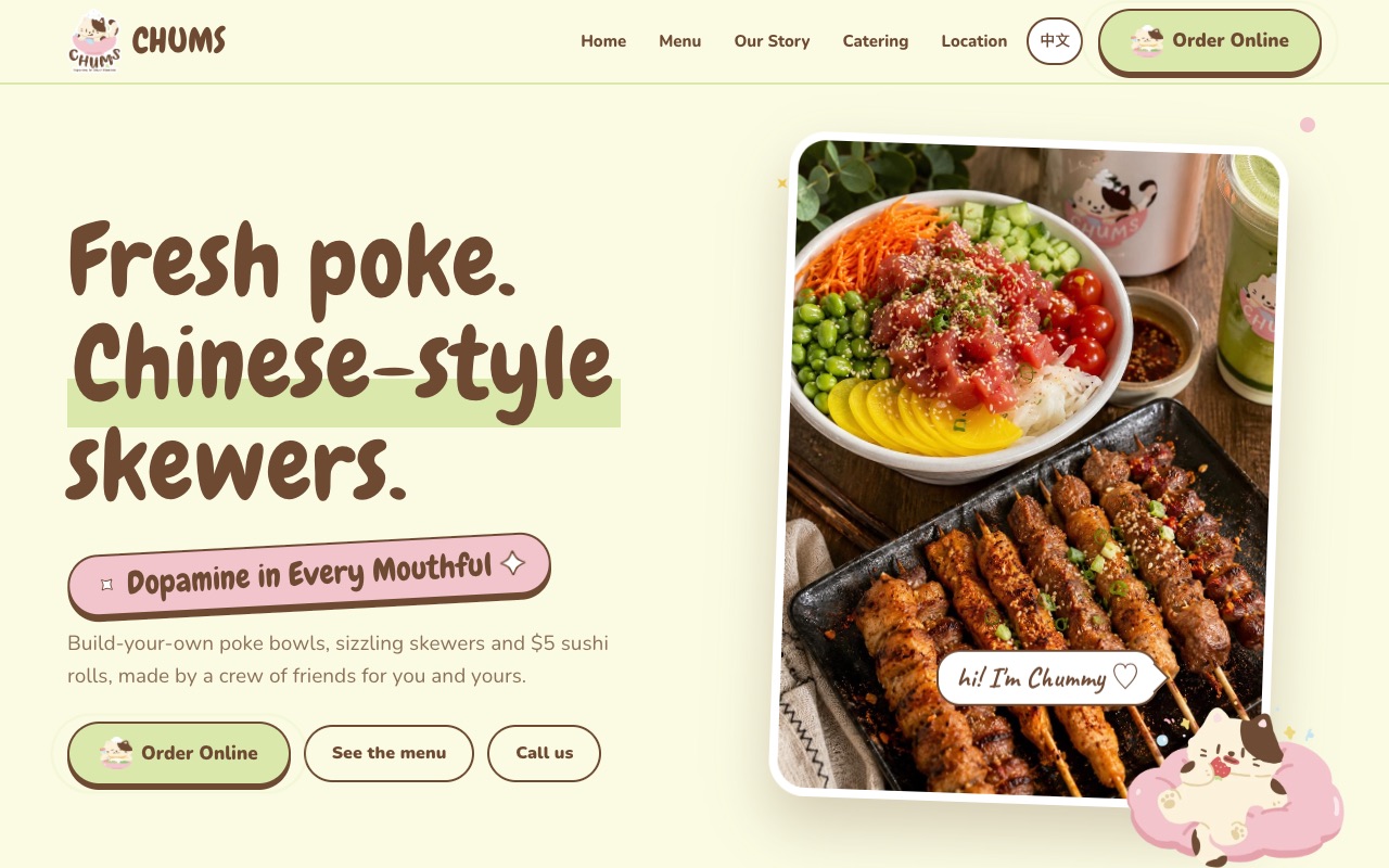 Desktop home page of the CHUMS website: fresh poke and Chinese-style skewers